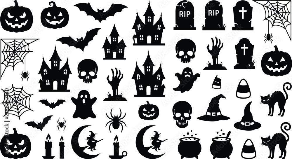 Fototapeta premium Halloween silhouette icons set with bats pumpkins witches and skulls