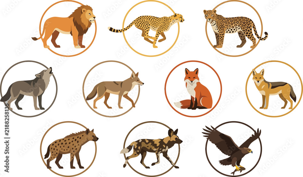 Obraz premium African Wildlife in Circles during Daylight with a Conceptual Theme Vector Illustration