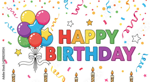 Happy Birthday Greeting Card with Balloons, Confetti, and Candles