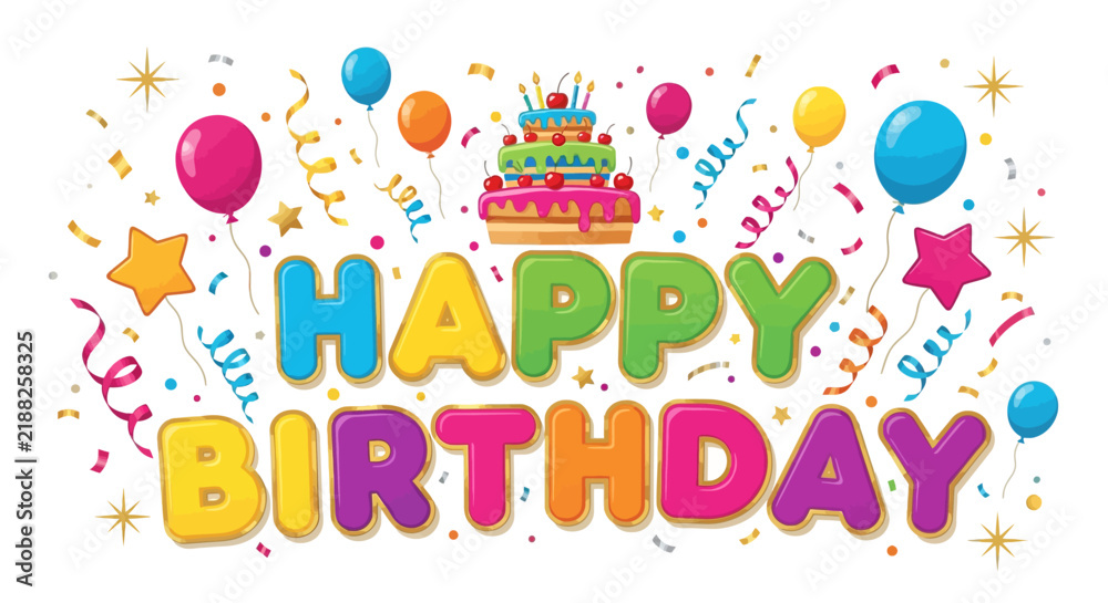 Fototapeta premium Happy Birthday Text with Balloons, Cake & Confetti - Festive Celebration Graphic