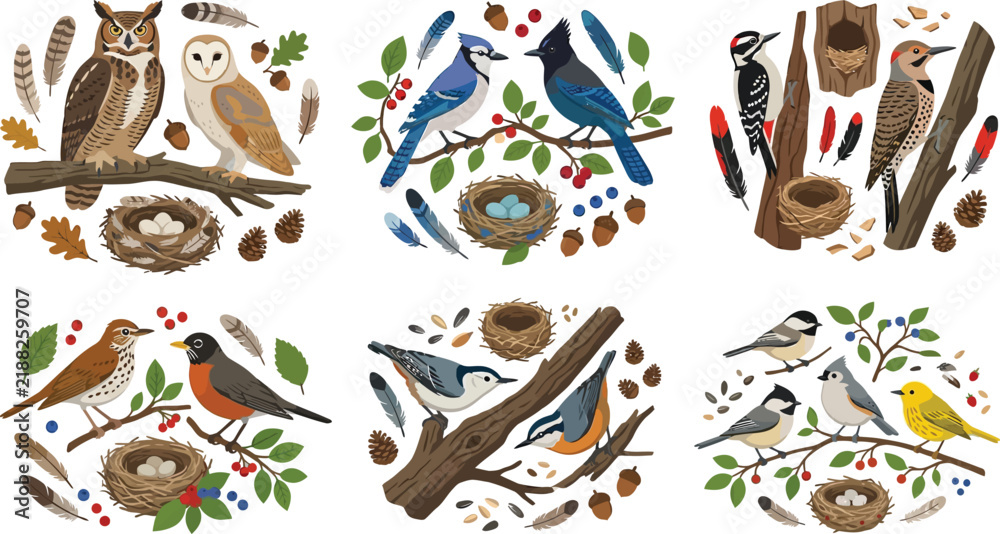 Obraz premium Diverse Bird Pairings in Natural Settings with Nesting Elements Vector Illustration