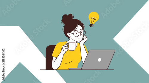 Creative woman working on laptop with lightbulb idea. Freelancer thinking at desk with coffee. Flat vector illustration of female student brainstorming.