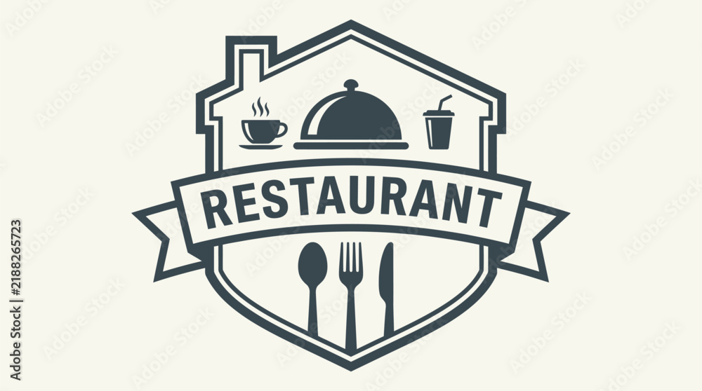 Obraz premium Restaurant emblem featuring dining and beverage icons in shield design