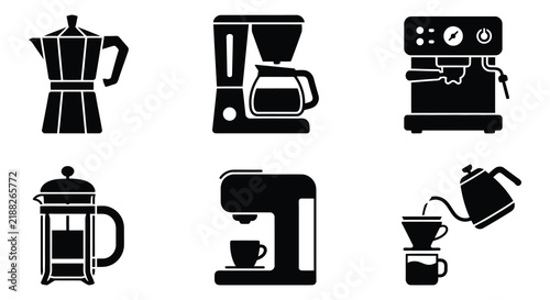 Quadro su tela Collection of coffee brewing equipment silhouettes on a white background