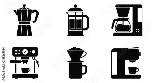Collection of coffee brewing equipment silhouettes on a white background