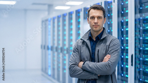Confident male technician standing in data center, expert professional feeling determined and focused while overseeing computer server