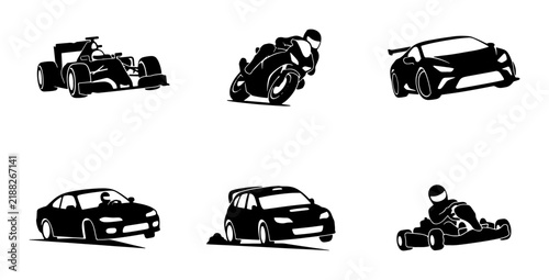 Foto Racing Vehicles Vector Icons: Formula 1 Car, Motorcycle, Sports Car, Sedan, Go-K