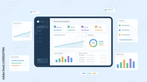 Business analytics dashboard vector, modern financial data interface, corporate statistics and infographic charts on screen