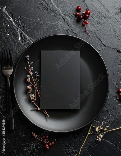 Blank black menu card on matte plate with dark floral decor, elegant restaurant table setting top view for holiday dinner mockup