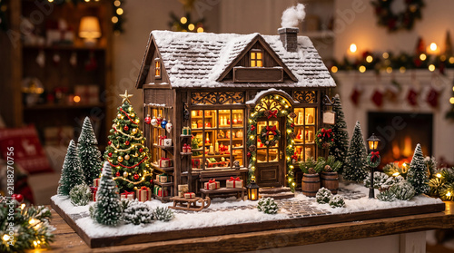 Miniature Christmas gift shop diorama with festive lights and snow
