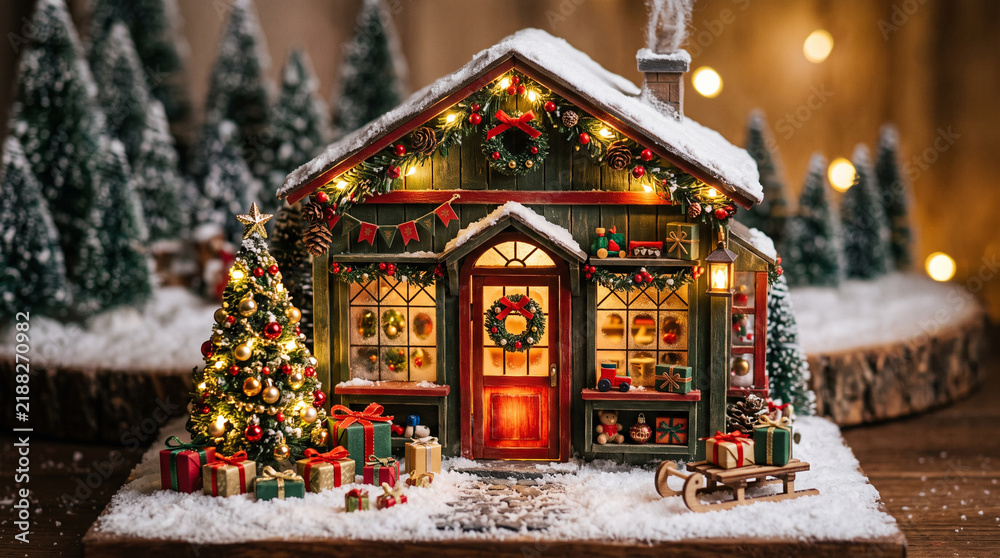 Fototapeta premium Miniature Christmas shop diorama with glowing lights and wrapped gifts