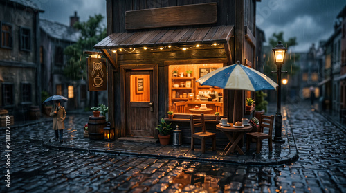 Miniature coffee shop owner serving customers in cozy European street scene with vintage lighting