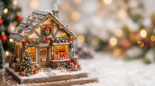 Miniature wooden Christmas house decoration with glowing lights and snow