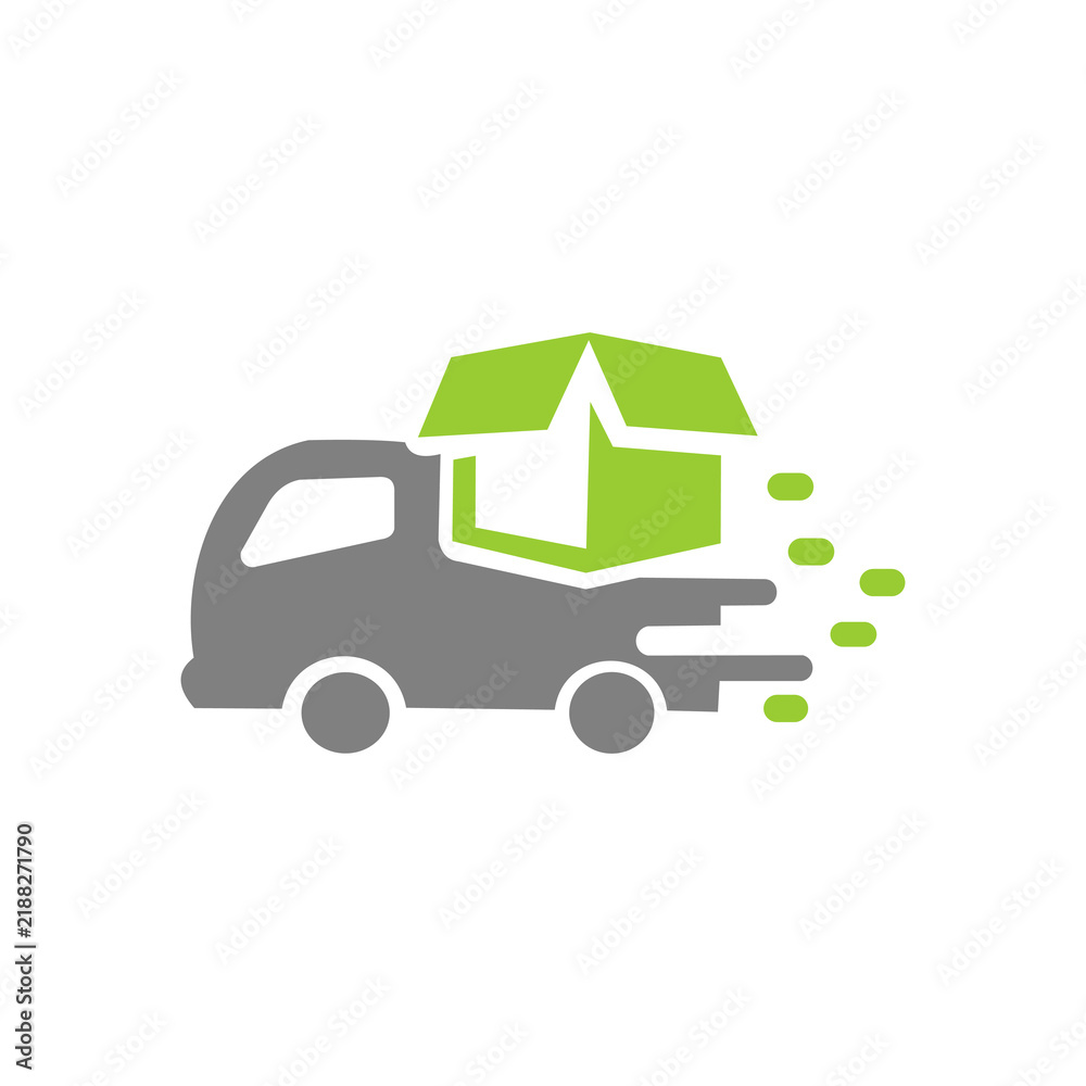 Naklejka premium A grey delivery truck carrying a green shipping box with motion lines, set against a plain white background.