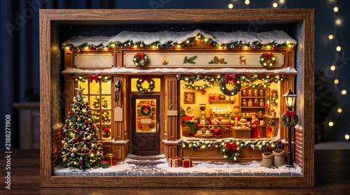 Miniature christmas coffee shop display with warm lighting and holiday decor
