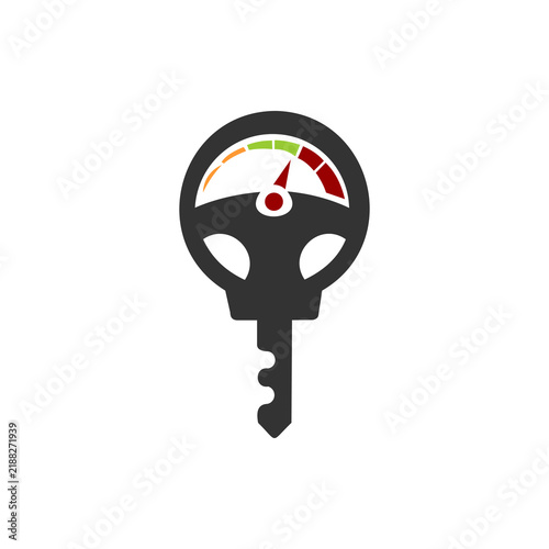 A dark grey automotive logo combining a car key with a steering wheel and a built-in speedometer gauge against a white background.