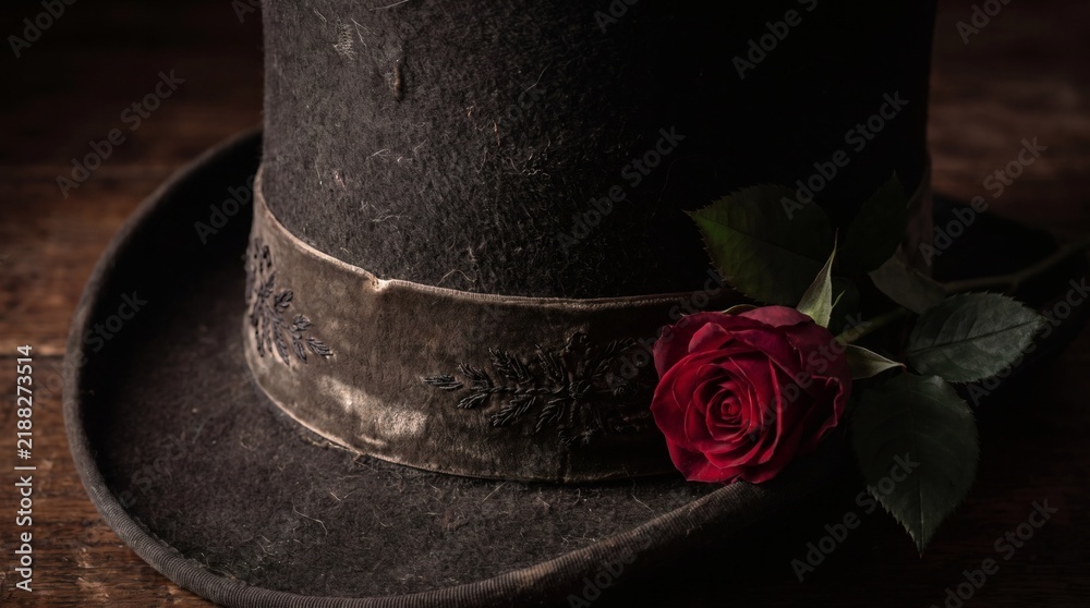 Obraz premium Elegant Vintage Ornate Felt Top Hat with a Red Rose on Dark Wooden Background