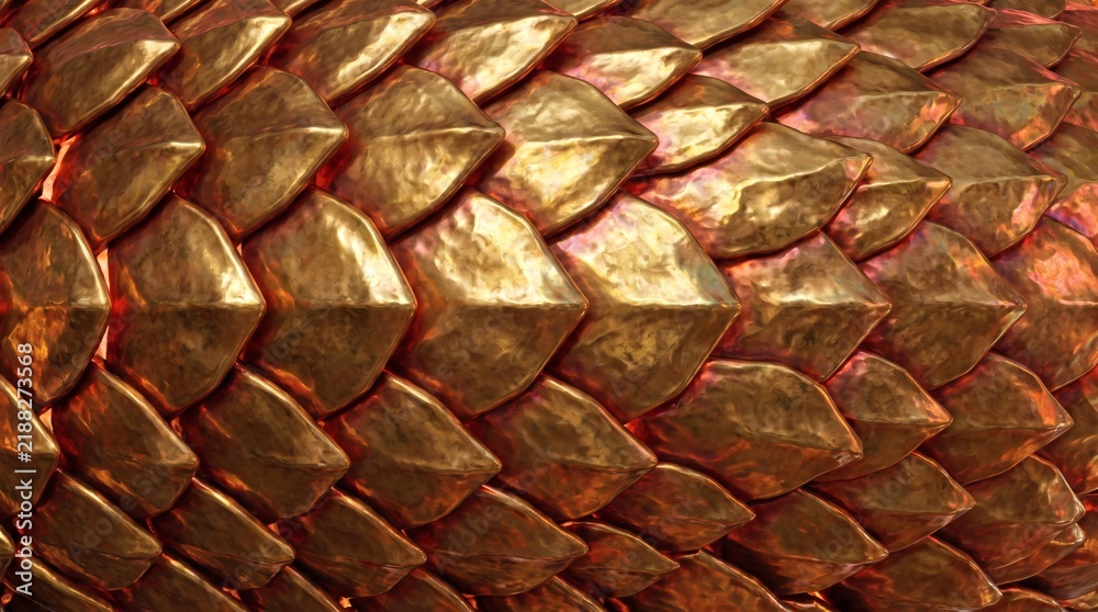 Fototapeta premium Golden metallic dragon scale pattern with textured overlapping plates