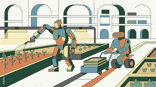 Conceptual Illustration Of Autonomous Robots Working In Smart Agricultural Greenhouse