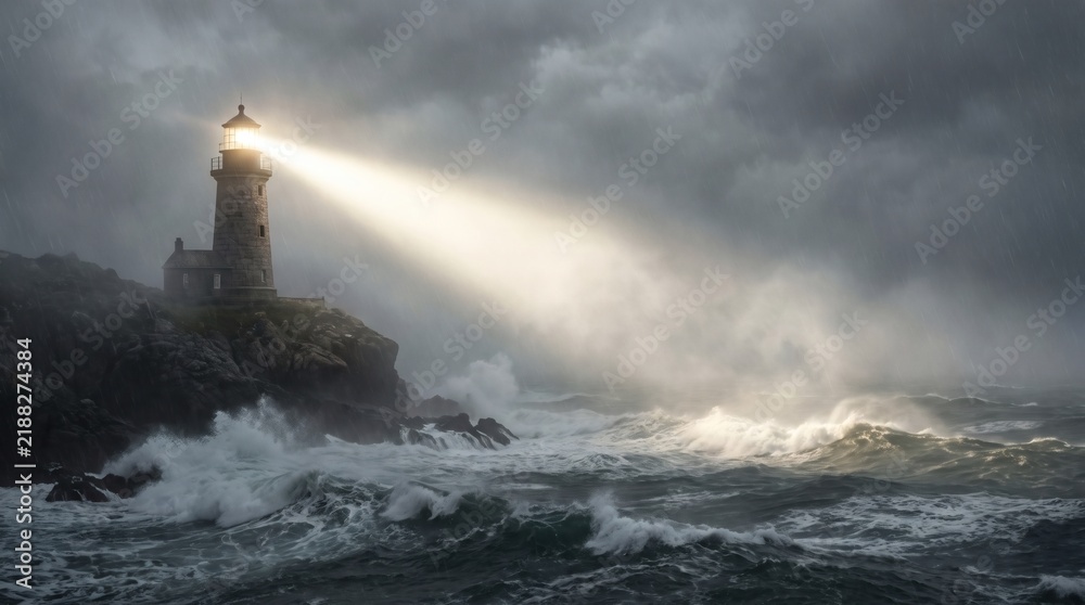 Fototapeta premium Lighthouse beam illuminating stormy ocean waves under dark cloudy sky