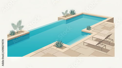 Modern swimming pool clipart with lounge chairs and tropical plants