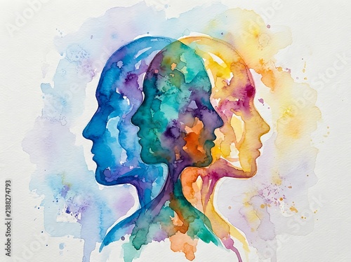 Abstract watercolor illustration featuring multiple human head profiles in vibrant colors representing mental health.