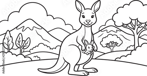 Foto Mother kangaroo with a baby joey in her pouch standing in a mountain landscape,