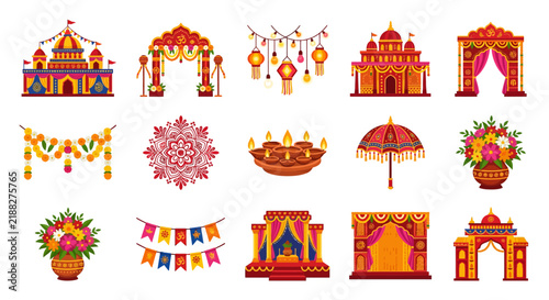 Traditional indian wedding decorations set featuring colorful arches flowers and lanterns.