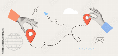 Trendy Halftone Hands Passing Location Pin Across Route for Global Navigation Tracking and Delivery Service Retro Collage Vector Illustration