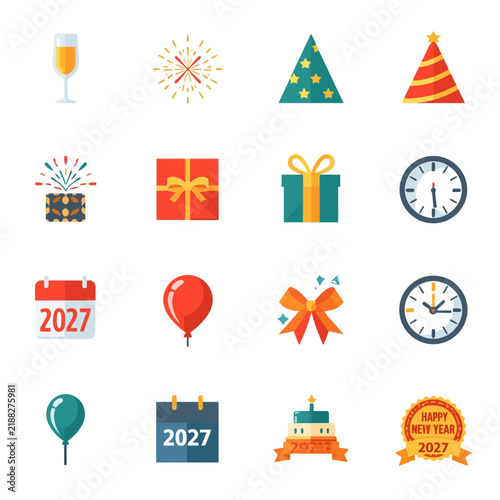 New year celebration flat icon set with party hats gift boxes balloons and wall clocks.