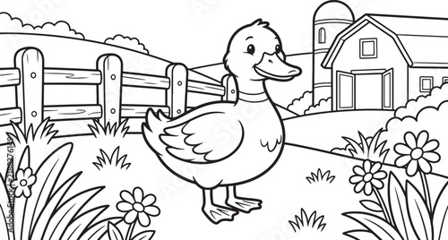 Obraz na plátně A cute duck standing on a farm near a barn and silo, black and white line colori