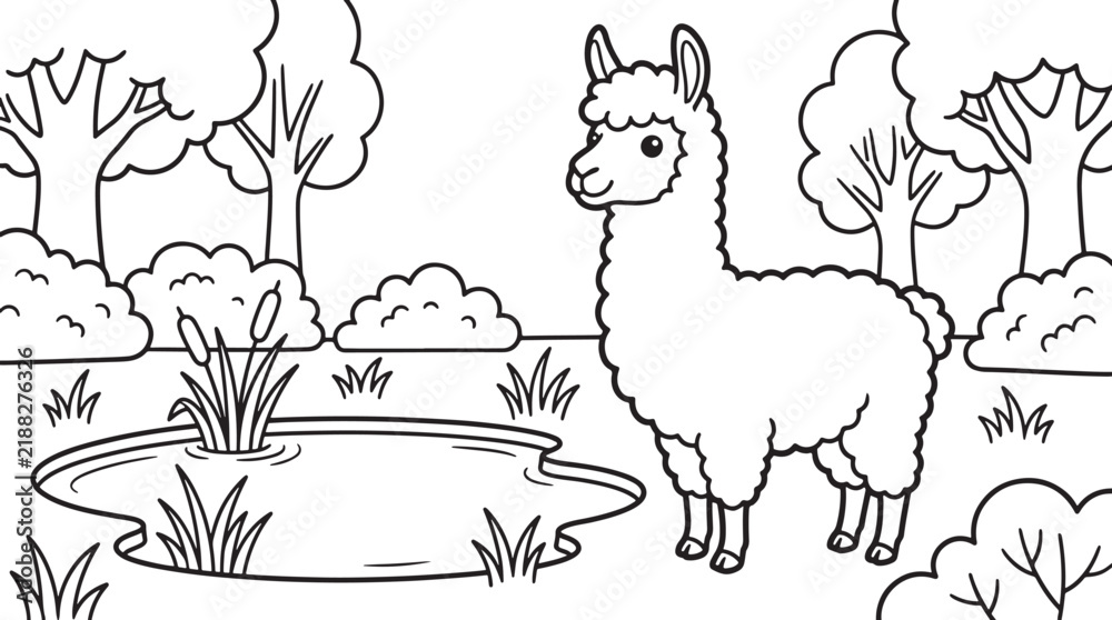 Obraz premium A fluffy llama standing near a small pond with reeds and bushes in a peaceful landscape, black and white line for children coloring book page, simple cartoon style nature also transparent background