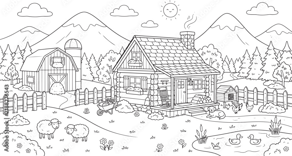 Fototapeta premium A cozy log cabin with a smoking chimney and a rocking chair on the porch, located on a farm with a barn, a pond with ducks, sheep, and mountains in the background, under a also, transparent background