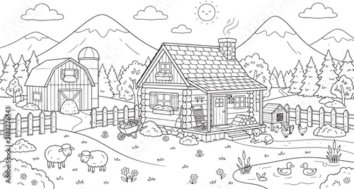 Obraz na płótnie A cozy log cabin with a smoking chimney and a rocking chair on the porch, locate