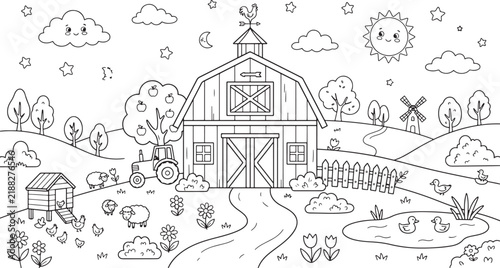 Fotografie A large wooden barn with a rooster weather vane on a farm featuring a tractor, s