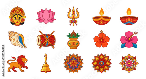 Traditional Indian religious festival icons featuring goddess Durga and divine symbols.