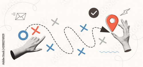 Trendy Halftone Hand Guiding Route Toward Location Pin for Navigation Strategy and Delivery Planning Retro Collage Vector Illustration