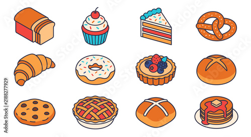 Assortment of freshly baked goods and pastries in a colorful isometric illustration style.