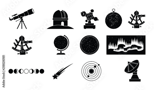 Foto Astronomy Icons Set, Space Exploration Vector Graphics, Celestial Objects & Tool