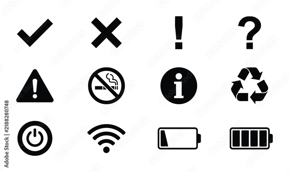 Fototapeta premium Set of 12 Essential Black and White Icons: Checkmark, Cross, Exclamation, Question Mark, Warning, No Smoking, Info, Recycle, Power, Wi-Fi, Battery
