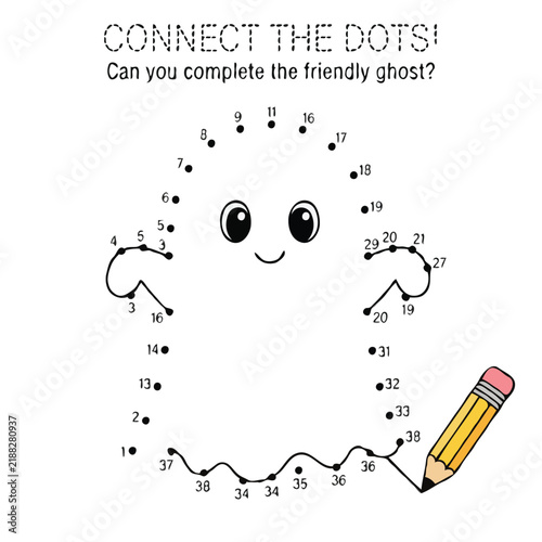 Connect the Dots Educational Worksheet with Cute Friendly Ghost Illustration
