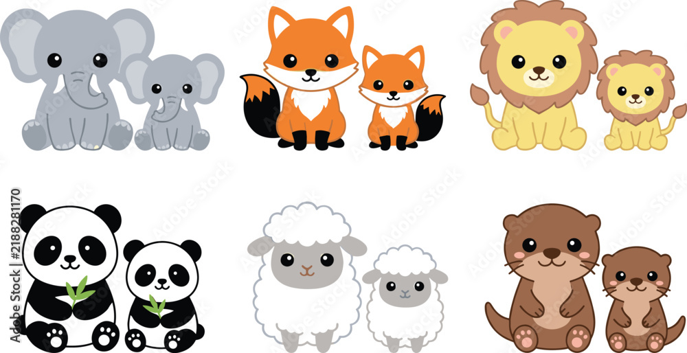 Fototapeta premium Cute cartoon mother and baby animals collection vector illustration set featuring elephant fox lion panda sheep and otter families