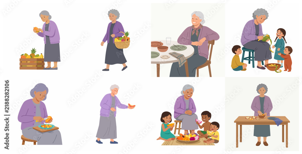 Fototapeta premium Elderly grandmother peeling and sharing fresh tropical fruits with grandchildren set of flat vector illustrations