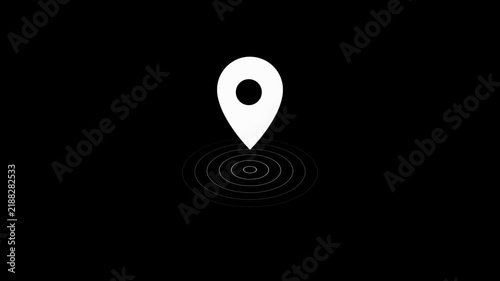 GPS location pointer icon with radio wave, glowing location pin animated ripple on black background.