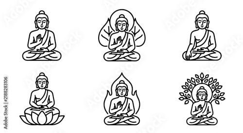 Obraz na plátne Meditating Buddha vector icon set, spiritual enlightenment symbols, peaceful yog