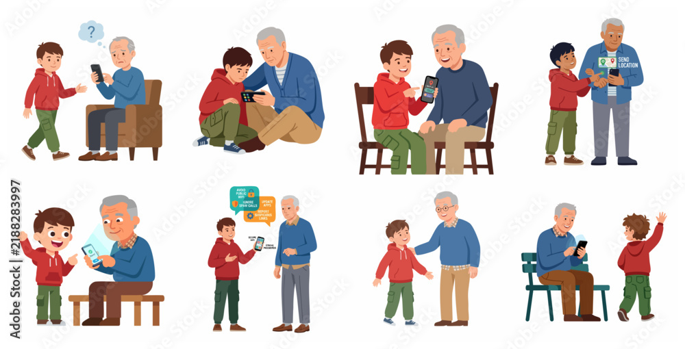 Fototapeta premium Grandson teaching his grandfather how to use a smartphone, digital literacy and technology education for seniors set of vector illustrations