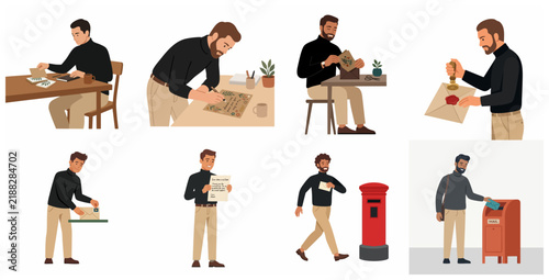 Картината върху платно Young man writing, sealing and sending snail mail letters collection