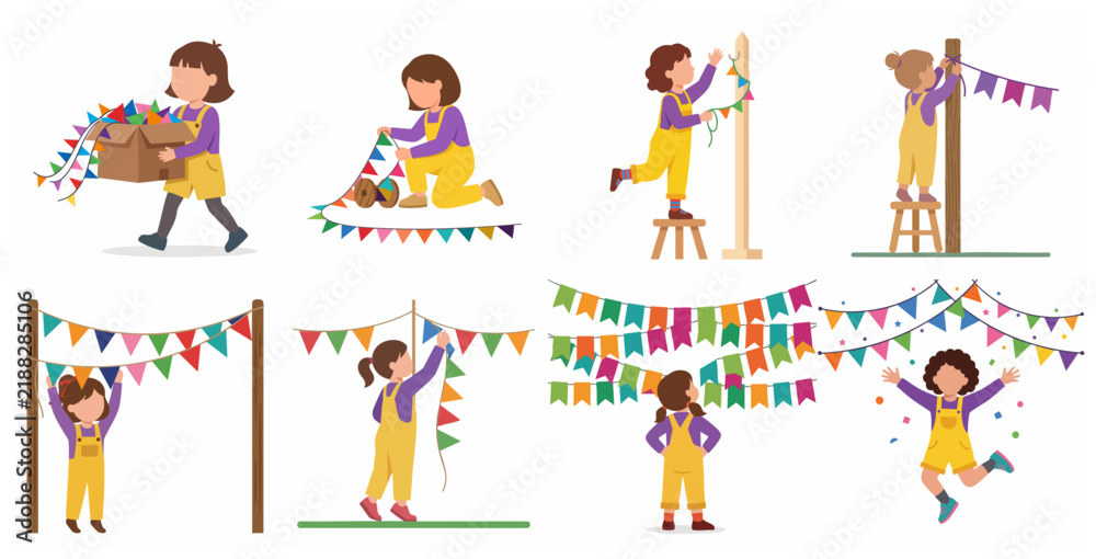 Fototapeta premium Cute Little Girls Decorating with Colorful Bunting Flags for a Party Celebration Vector Illustration Set
