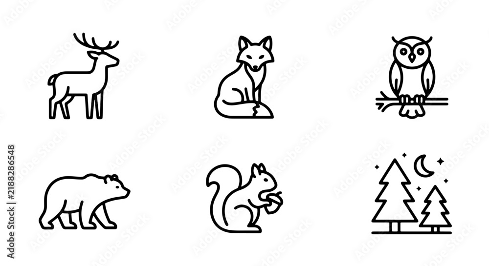 Fototapeta premium Forest Animals Icons Set, Woodland Creatures Vector Collection, Nature Wildlife Graphics
