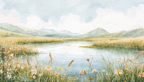 Golden reed pond with white daisies and cattails, watercolor art